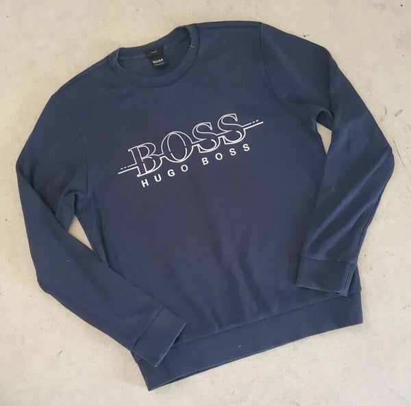 HUGO BOSS Salbo Sweatshirt Mens S Navy Blue Jersey Slim Fit Spellout Logo