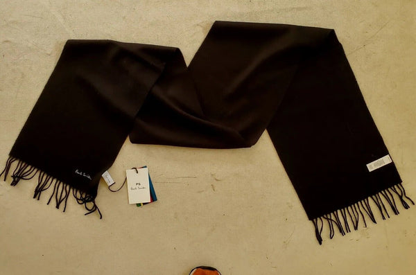 PAUL SMITH SCARF Mens Black Lambswool Grey Embroidered Logo Handmade UK Rp £120