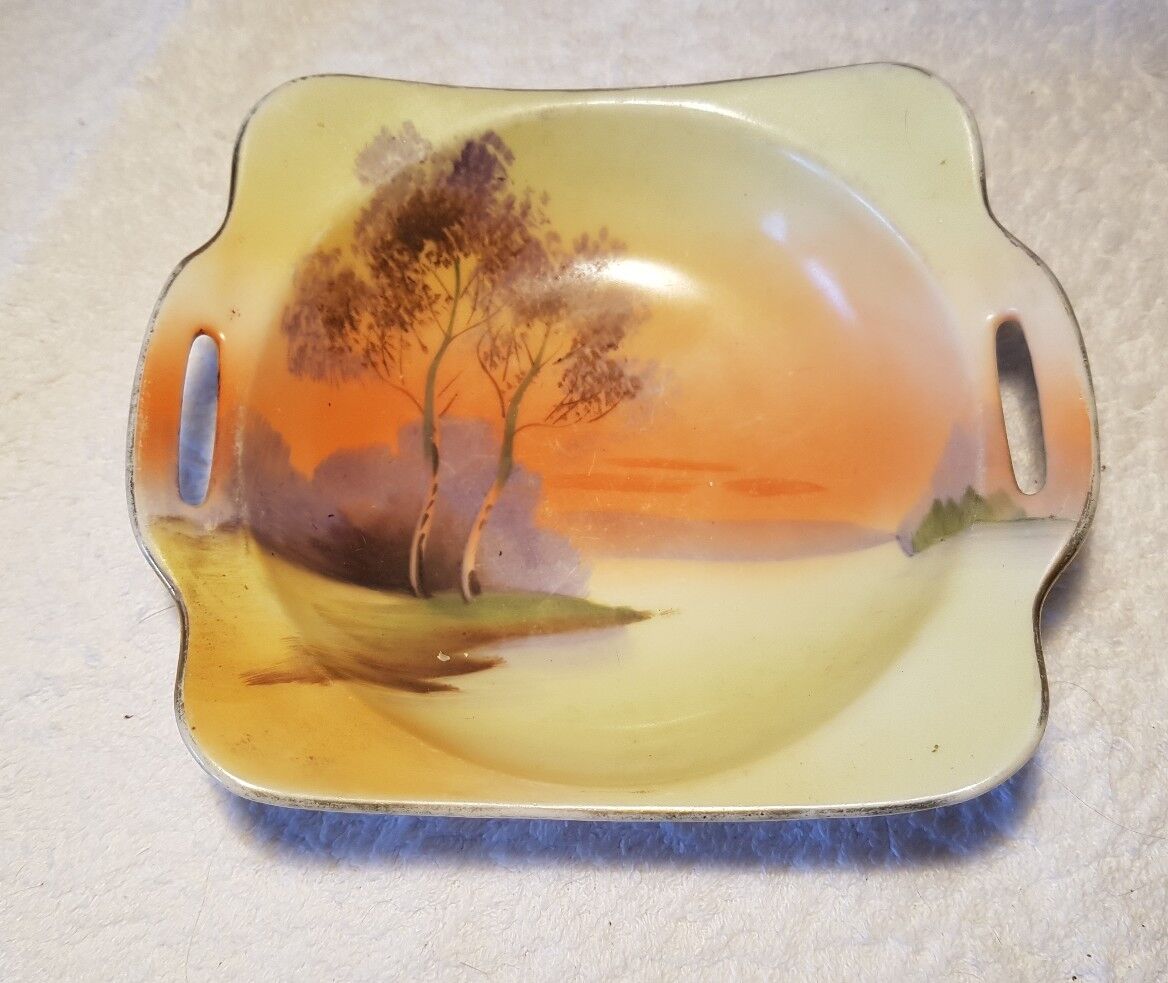 Japanese NORITAKE two handle small dish lakeside view Hand Painter