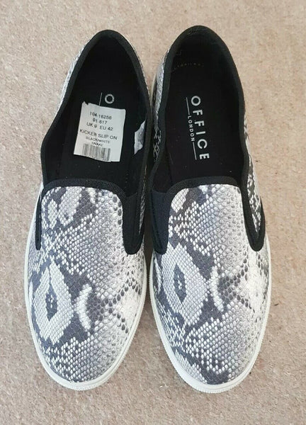 OFFICE LONDON SHOES Womens UK 9 EU 42 Snake Black White Kicker Slip On Pump