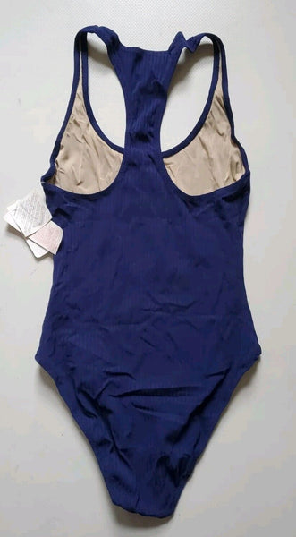 LACOSTE Swimsuit Swimming Costume 1 Piece Size XS Blue Spellout New With Pouch