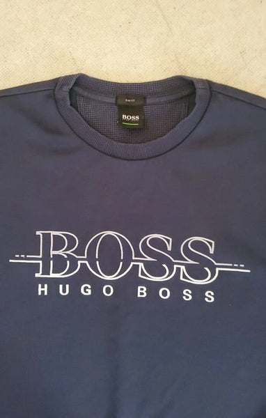 HUGO BOSS Salbo Sweatshirt Mens S Navy Blue Jersey Slim Fit Spellout Logo