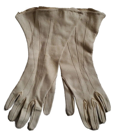 1950s Vintage Kid Leather Gloves Womens 6 1/4 Ivory Handsewn Mid Length