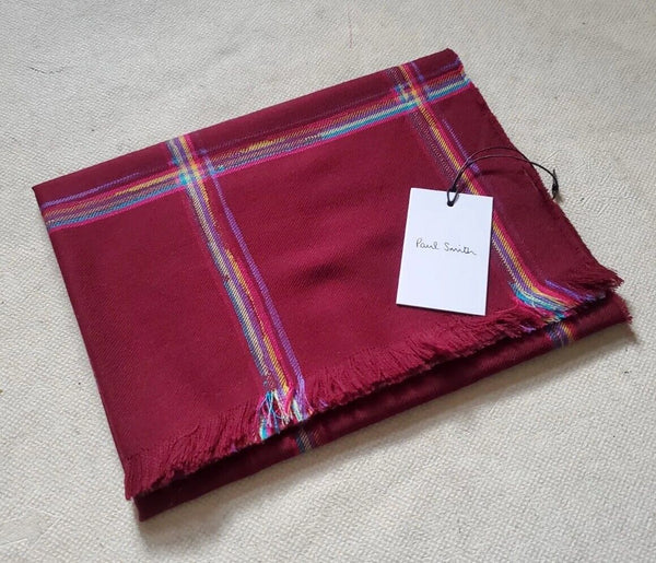 PAUL SMITH SCARF Mens Cashmere Wool Artist Check Burgundy Made in UK Rrp £165