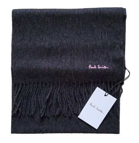 PAUL SMITH SCARF Mens Charcoal Grey Lambswool Embroidered Logo Rrp £120